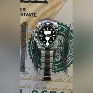 Stainless Steel Watch with Black Dial and Green Bezel